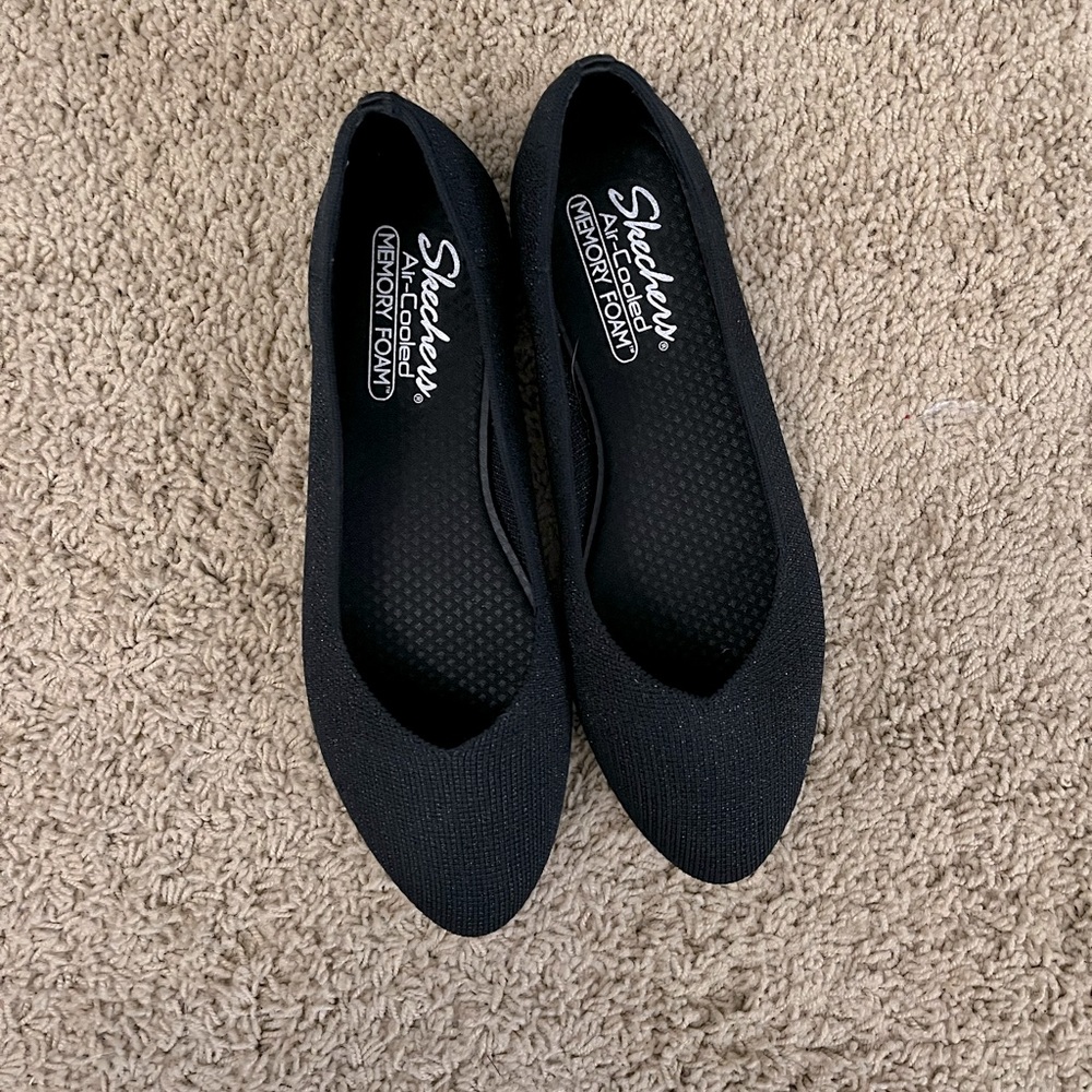 New Sketchers Cleo Air Cooled Shimmer Black Flats, Size 9